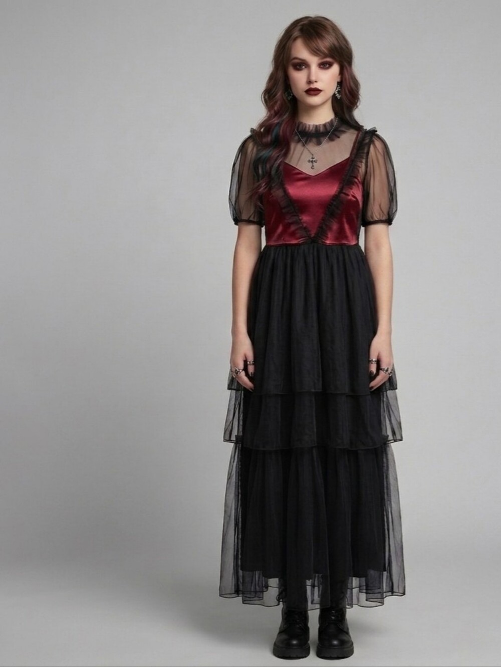 Disturbia Chaos Black Tulle Mesh Tiered Maxi Dress Goth Whimsigoth UK 14 US 10